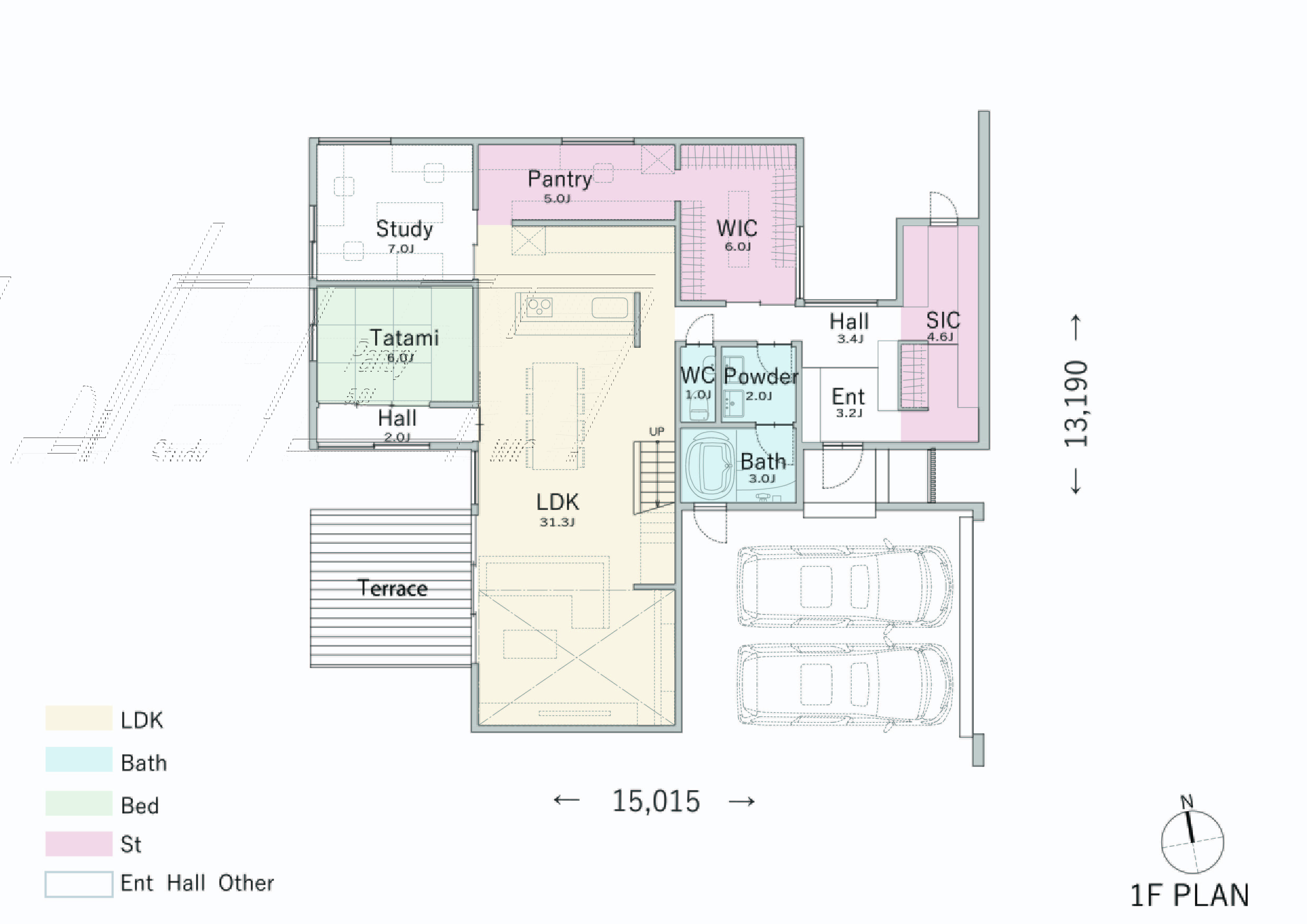 間取り⑥約31帖の広々LDKのあるビルトインガレージの家