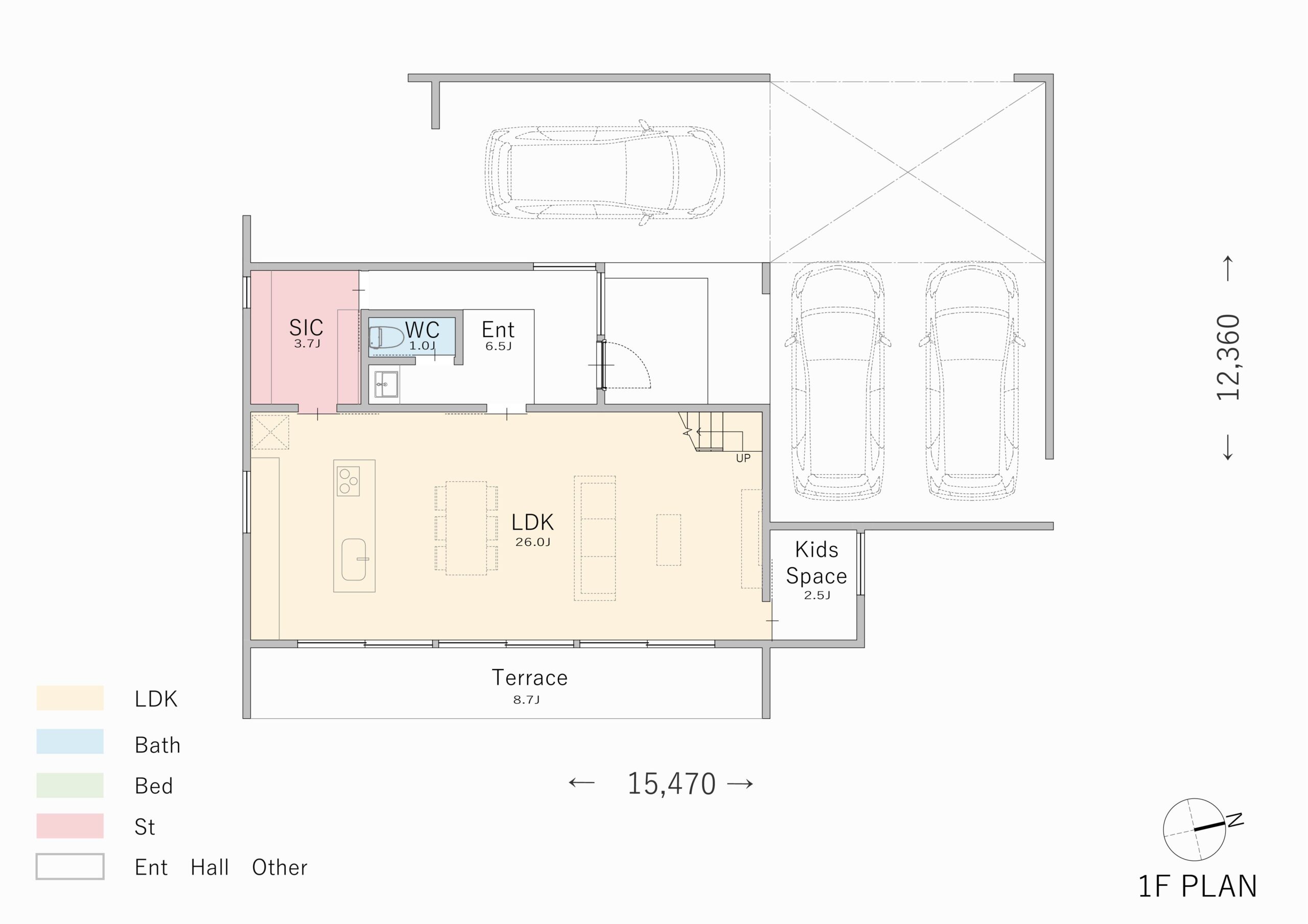 上階にプライベート空間をまとめた、ゆとりあるガレージハウス